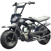 A compact black motorcycle with a distinctive large tire, emphasizing its sporty and robust appearance.